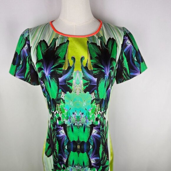Elie Tahari Angie Lime Green Mirror Orchid Sheath Midi Dress US 10 Maximalism - Picture 4 of 13